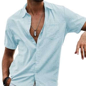 Camisa de Vestir Azul Claro con Botones, Cuello Extendido, Algodón Peinado, Transpirable, para Verano y Playa, Color Sólido - Product Image 3