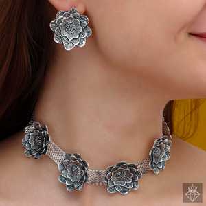 PRAO Collier floral collier et boucles d'oreilles ensemble bijoux de mode oxydés anti-ternissement - Product Image 4