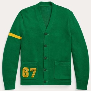 Cárdigan Verde de Punto para Mujer, Cuello en V, Manga Larga, Color Sólido Informal, Bordado con el Número 67, Rayas en Contraste, para Todas las Temporadas, Personalizado - Product Image 1