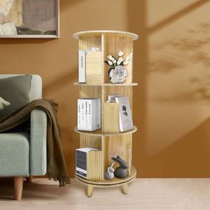 <b>Solid</b> Pine <b>Wood</b> 360 Rotating <b>Bookcase</b> 3-Layer Modern Minimalist Display Rack for Living Room <b>Solid</b> Panel Bookshelf - Product Image 2