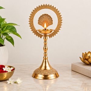 Brass Standing Diya Oil Lamp with Decorative Halo <b>Ring</b> Traditional Deepam for Puja Home Temple Diwali Wedding Decor - Product Image 3