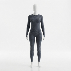 Women Charcoal Acid Wash Yoga Set Long Sleeve <b>Crop</b> Top High Waist <b>Leggings</b> Gym Fitness Workout Activewear - Product Image 1