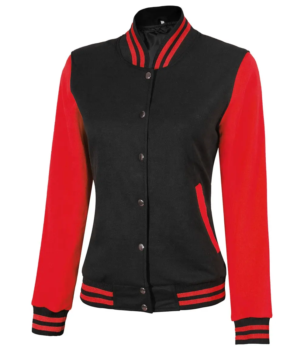 Chaqueta de escuela alta para mujer, color negro y rojo, completamente personalizada, con mangas Rojas, cierre frontal, botón