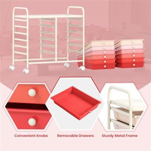 Chariot de rangement roulant à 2 rangées, 10 étages, 12 tiroirs, avec cadre multicolore rose et blanc, 4 roues (2 avec frein) - Product Image 5