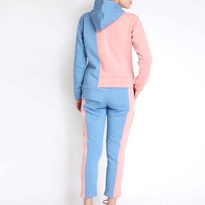 Women Color Blocking Hooded <b>Sweatshirt</b> Set Full Sleeve Casual Tracksuit <b>Pink</b> Blue Spandex Cotton Breathable Spring Wear - Product Image 4