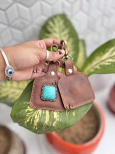New Arrival 2026 Genuine Leather Key Rings Real Leather Turquoise Stone Western Stylish Key Chain Hot Sale <b>Mini</b> Bag - Product Image 5