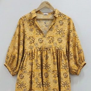 Vestido Midi Formal de Oficina para Mujer, Estampado a Mano, 100% Algodón, Cuello en V, Ecológico, Transpirable, con Mangas Abullonadas y Estampado Floral, Corte en A Simple - Product Image 3