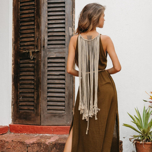 Vestido Maxi Boho para Mujer, Vestido de Festival, Vestido de Algodón Crudo con Abertura de Macramé, Vestido Marrón Estilo Hada, Regalo para Ella - Product Image 1