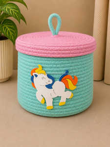 Lion Motif Blue Woven Cotton <b>Rope</b> <b>Basket</b> with Lid Safari Nursery Toy <b>Storage</b> Fringe Mane Baby Hamper Boutique Artistry By PR - Product Image 2