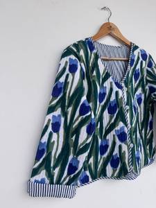 Blue Green Floral Print Lightweight Breathable Warm Reversible Quilted 100% Cotton V-neck Women's Handmade Boho <b>Vintage</b> <b>Jacket</b> - Product Image 3