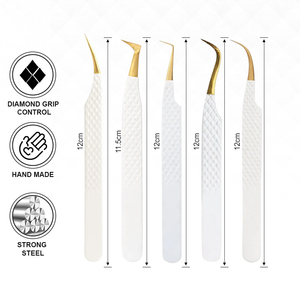 Custom Logo Fiber Tip White Gold Lash Tweezers Set Non Slip Grid Handle Professional Eyelash Tweezers for eyelash extensions - Product Image 2