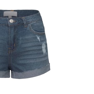 Shorts en jean déchirés taille haute pour femme, décontractés, en coton délavé, avec braguette boutonnée, couleur unie - Product Image 5