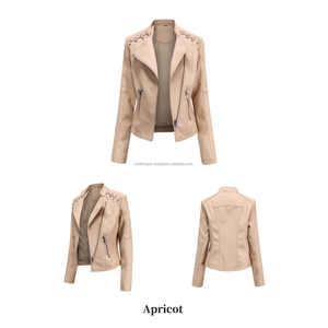 Chaqueta de cuero con cremallera Beige para mujer, estilo motorista, puntada acolchada, detalles de encaje, bolsillos con cremallera elegantes, viscosa transpirable para otoño - Product Image 4