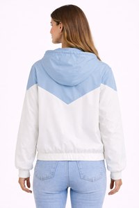 <b>Women</b> Blue White Color Block Hooded Windbreaker <b>Jacket</b> <b>Lightweight</b> Zip Up Casual Sport <b>Jacket</b> with Pockets - Product Image 3