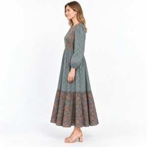 Vestido Maxi Bohemio para Mujer, Manga Larga, Estampado Floral, Corte en A, Escalonado, Cintura Natural, Casual, con Botones, Ecológico, para Otoño - Product Image 1
