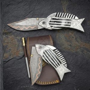Top Edition Handmade <b>Copper</b> Damascus Fish Style Folding Pocket Knife EDC Hunting Camping Knife w/Steel Engraved Resin Handle - Product Image 3