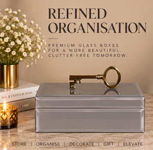 Taupe Grey Glass Jewelry Storage Box with <b>Gold</b> Key Handle Glossy Finish Soft Lining Decorative Keepsake and Vanity Organizer - Product Image 2
