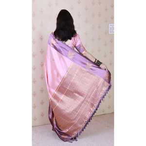 Sari traditionnel indien en soie douce rose pâle, concept floral, tissage zari, écharpe, châle pour femmes, 650g, Elite Weaves - Product Image 4