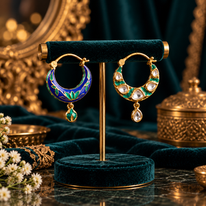 Pendientes de Aro de Plata Hechos a Mano con Baño de Oro de 18K y Incrustaciones de Cristal |   Blue Green Heritage Jaipur para Mujer - Product Image 2