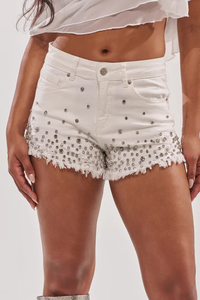 White High Waist <b>Sequined</b> Denim Shorts With Rhinestone Embellishment Frayed Hem Casual Style - Product Image 5