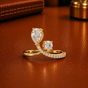 Bague de fiançailles tendance en or 14 carats Toi et Moi avec diamants de laboratoire taille poire et taille ronde, bande croisée, pour femme, bijoux fins, cadeaux - Product Image 1
