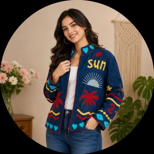 Hand Embroidered Velvet Bomber <b>Jacket</b> With <b>Mandarin</b> <b>Collar</b> Summer Vacation Style Full Sleeve Zipper Closure Blue Color - Product Image 6