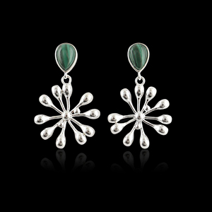 Boucles d'oreilles pendantes en forme de fleur avec malachite naturelle, plaquées argent, bijoux en laiton pour femmes, style vintage, boucles d'oreilles bohèmes tendance - Product Image 2