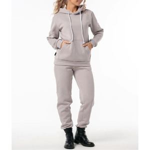 Women Gray Hooded Tracksuit Set Full Sleeve Solid Color Casual Autumn Wear Breathable Side <b>Pockets</b> Elastic Waist <b>Jogger</b> Pants - Product Image 4
