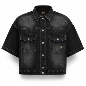Chemise en jean graphite à manches courtes, noire délavée, style shacket trucker avec logo personnalisé, unisexe, vêtements Hypebeast, fournisseur en gros - Product Image 3