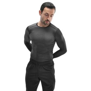 Men's Charcoal Gray Long Sleeve Compression Shirt Textured Crew Neck Slim Fit Athletic Base <b>Layer</b> Training <b>Top</b> for Gym Workout - Product Image 1
