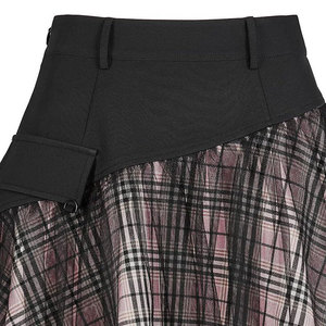 Mini-jupe gothique rose à carreaux pour femme - Jupe punk asymétrique taille haute en tulle et maille avec détail poche - Product Image 6