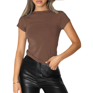 T-shirt pour femmes en gros à la mode, uni, basique, décontracté, coupe ajustée, col rond, coton, élasthanne, extensible, hauts féminins - Product Image 4