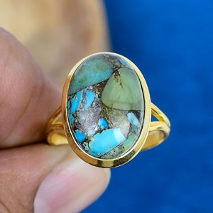 Handmade Boulder <b>Turquoise</b> Oval Shape Gemstone <b>Ring</b> 18k Gold Micron Over 925 Sterling Silver <b>Ring</b> - Product Image 2
