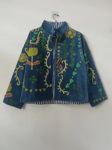 Veste vintage en velours Suzani réversible, tissée, 100% coton, col montant, brodée à la main, style bohème, motif floral - Product Image 1