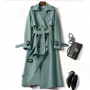 Manteau long classique pour femme, trench-coat croisé coupe-vent en toile, manches longues, col rabattu, couleur unie, vêtement d'extérieur printemps - Product Image 4