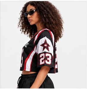 Camiseta de Fútbol para Mujer, Negra, Blanca y Roja, Manga Corta, Malla Transpirable, Cuello de Béisbol, Número de Equipo 23, Ropa Deportiva - Product Image 5