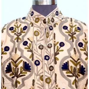 Veste luxueuse brodée à la main 100% cotisse, col mandarin épais, écologique, détails floraux complexes, rayures en coton - Product Image 3