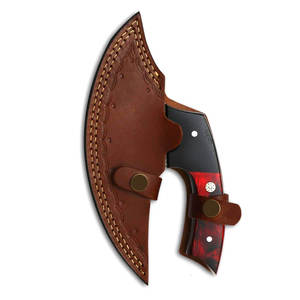 Custom Handmade Damascus Steel Pizza Cutter Wheel Ulu Knife With Red & Black Handle Kitchen Axe with Genuine Leather Sheath - Product Image 6