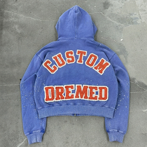 Sweats à capuche oversize zippés pour hommes, style streetwear, avec lettres brodées en appliqué, design vieilli délavé aux enzymes et orné de strass - Product Image 2