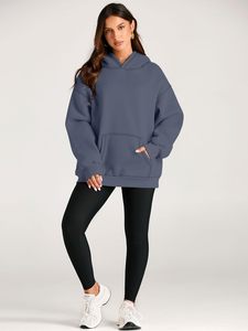 Sudadera con Capucha Oversize para Mujer, Color Azul Marino Sólido, Hombros Caídos, Manga Larga, Tejido Asimétrico, Transpirable, para Otoño - Product Image 4