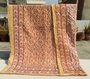 Indian Hand Block Floral Printed Jaipur Rajai Cotton Bedding Stylish <b>Quilt</b> <b>Throw</b> in White Orange Soft Home Decorative - Product Image 2