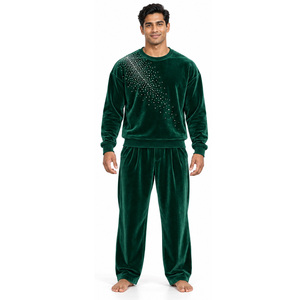 Ensemble de survêtement décontracté en velours pour homme avec strass sur les épaules et la poitrine, sweat-shirt et pantalon large, coupe décontractée, tenue de détente deux pièces - Product Image 1