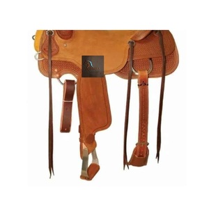 Sillín de cuero marrón para carreras de barriles estilo western, con asiento rígido de cuero rugoso color canela, diseño de cesta ondulada grabado a mano y correas de latigo, de 10 a 18 pulgadas - Product Image 2