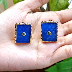 Chunky gemstone <b>earrings</b> <b>blue</b> jade rectangle stone with emerald cz inlay gold plated texture metal brass <b>studs</b> <b>earring</b> for women - Product Image 3