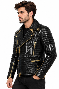 Veste en cuir de crocodile personnalisée pour homme, veste de motard en cuir de crocodile noir gaufré, veste en cuir véritable, streetwear moto - Product Image 2
