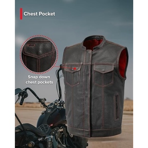 Gilet de club de motard en cuir de vachette véritable perforé sur mesure avec surpiqûres rouges, dissimulé, OEM ODM - Product Image 3