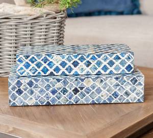 Handcrafted Bone Inlay Decorative <b>Storage</b> Box Set with Blue and White Moroccan Lattice Pattern Rectangular Jewelry Organizer Box - Product Image 1