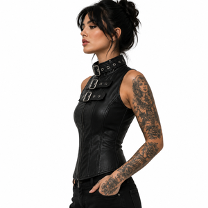 Chaleco de Cuero de Alta Calidad para Mujer, Diseño Sólido en Cuero Genuino, Chaleco de Motocicleta, Chaqueta sin Mangas Casual para Mujer - Product Image 4