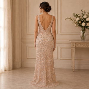 Luxury Champagne Lace Embroidered <b>Sequin</b> Evening Gown Women Elegant Regular Sweetheart Neck Formal Party Wedding Reception - Product Image 4