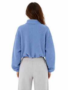 <b>Women</b>’s Premium Blue Fleece Crop <b>Sweatshirt</b> <b>Half</b> <b>Zip</b> Pullover Hoodie Soft Teddy Fleece Top Elastic Hem Adjustable Drawstring - Product Image 4